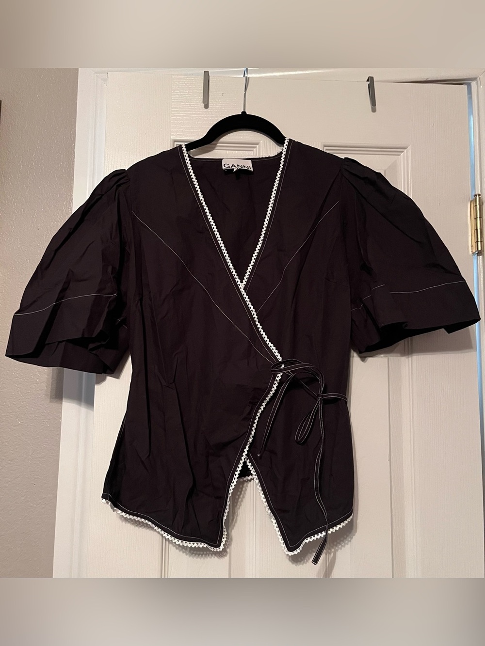Ganni Black Wrap Blouse with White Trim